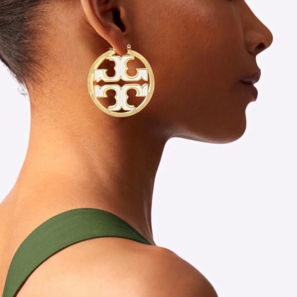 TORY BURCH • White Miller Logo Hoop Earrings - Picture 2 of 3